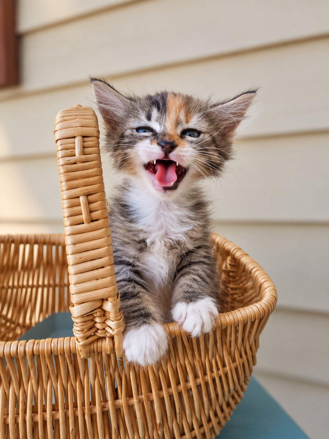 A playful calico kitten calling from a wicker basket