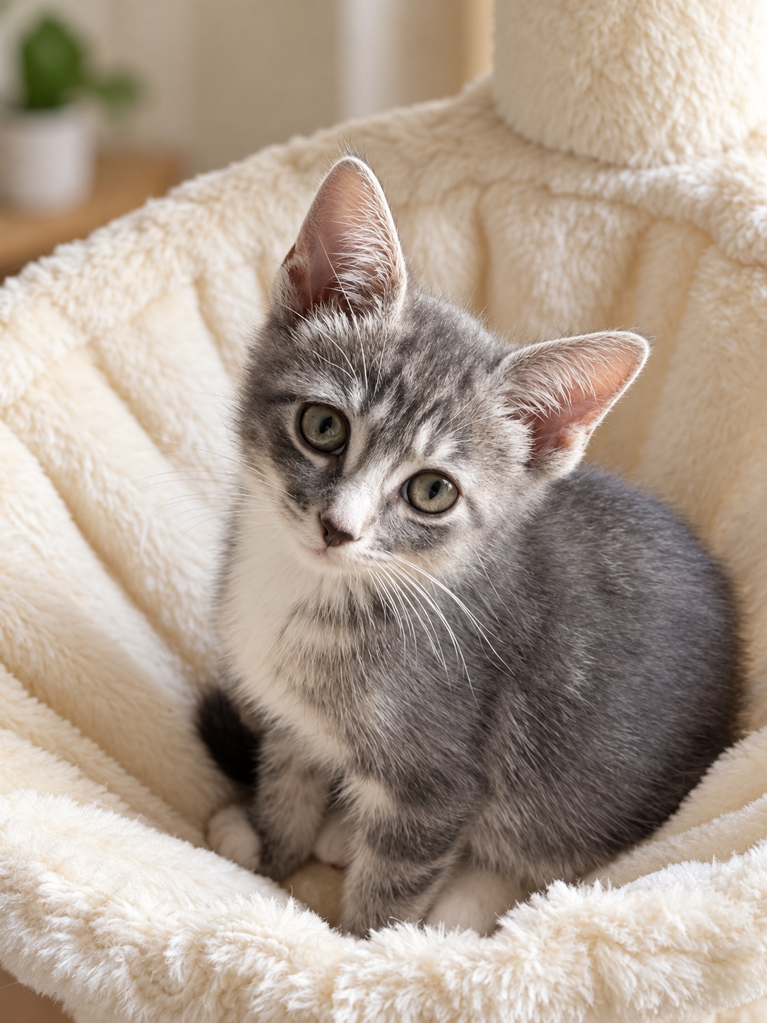 A gray-and-white kitten resting in a cream bed