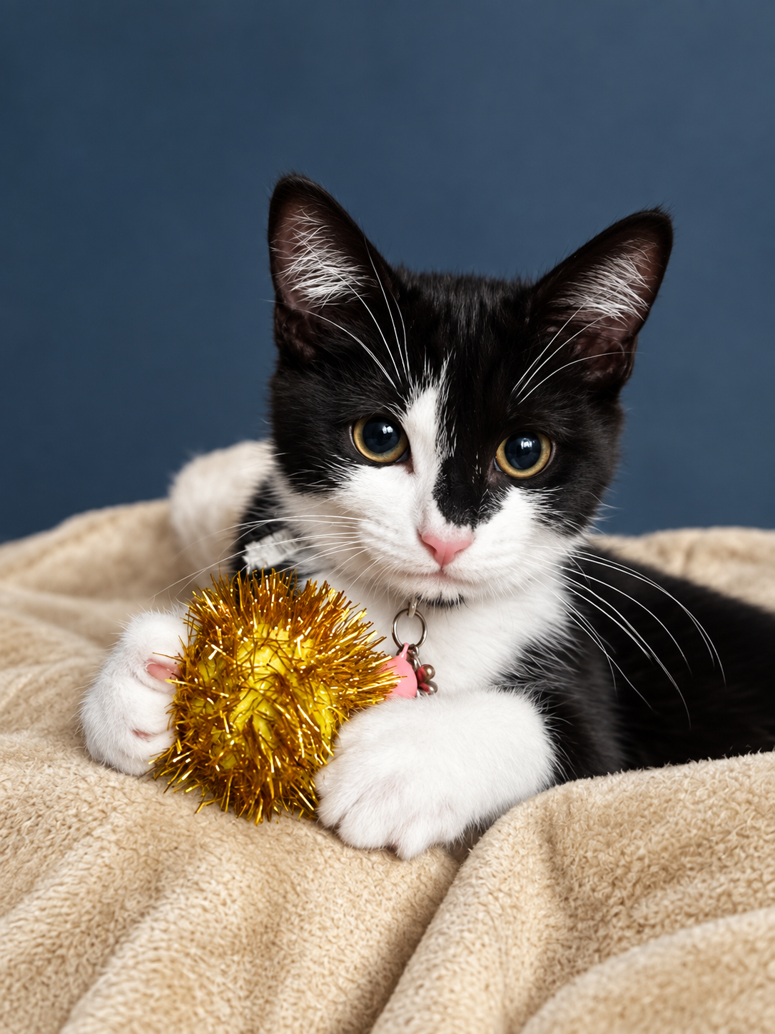 A tuxedo kitten playing with a gold toy in a foster home