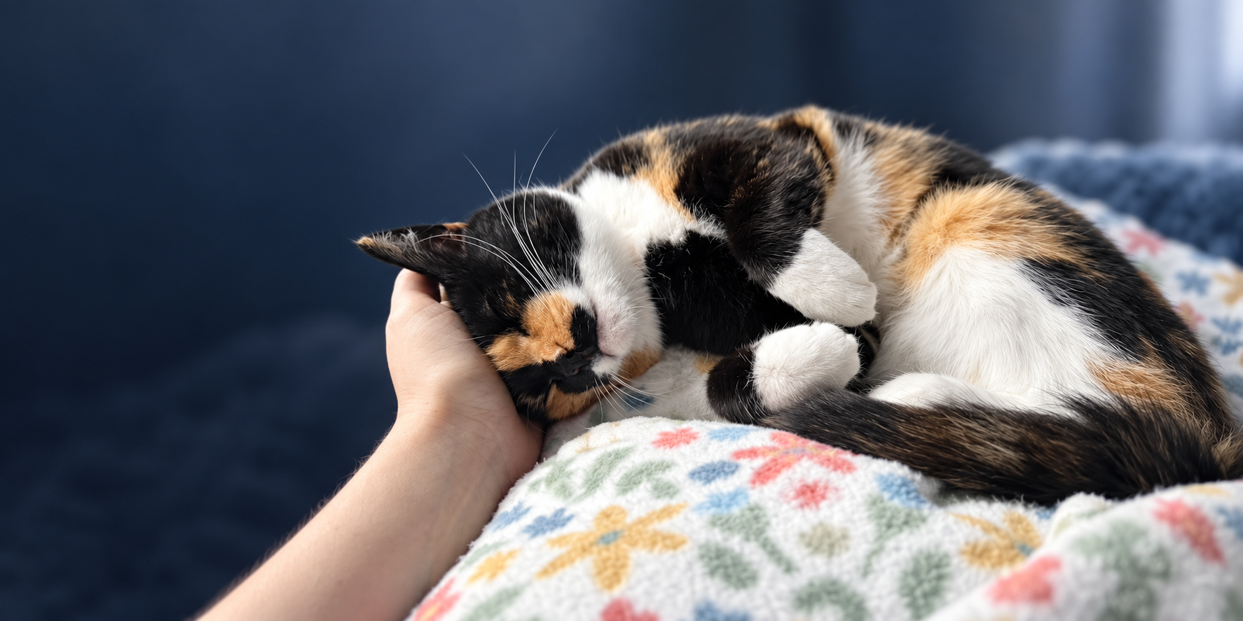 A calico rescue cat sleeping peacefully in a foster home