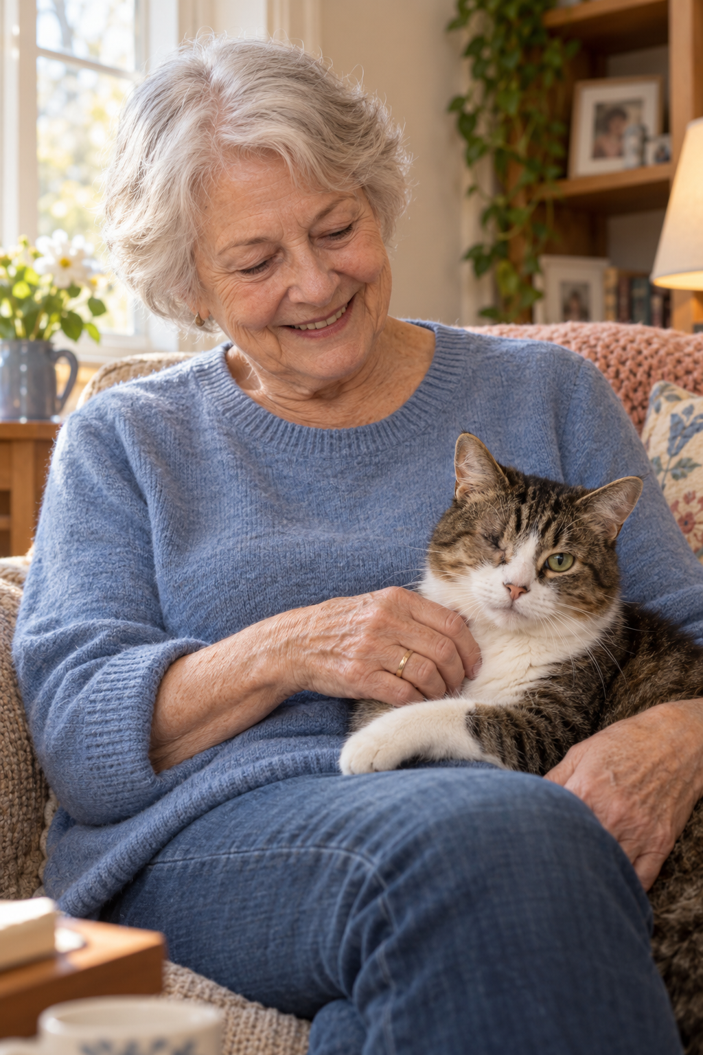 An older adult sharing a quiet moment at home with a special-needs senior cat